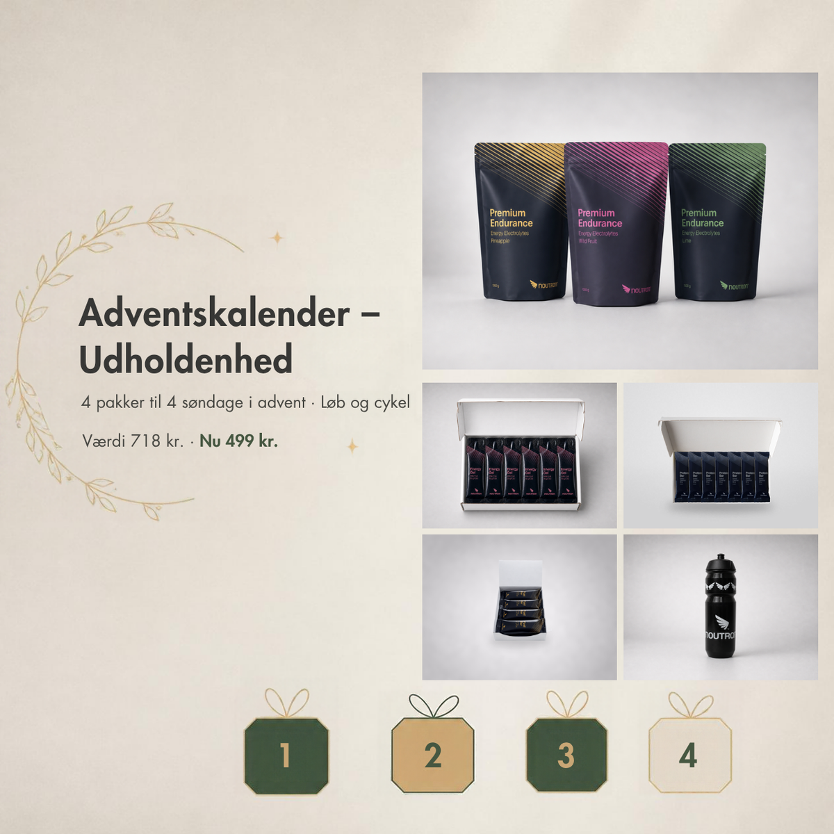 Noutron Adventskalender – Udholdenhed: Premium Endurance, energy gel, protein bar, fuel bar og drikkedunk